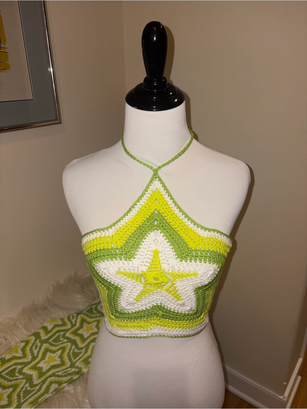 Green & White Star Crochet Halter Crop Top with Matching Knit Pants Coord Set